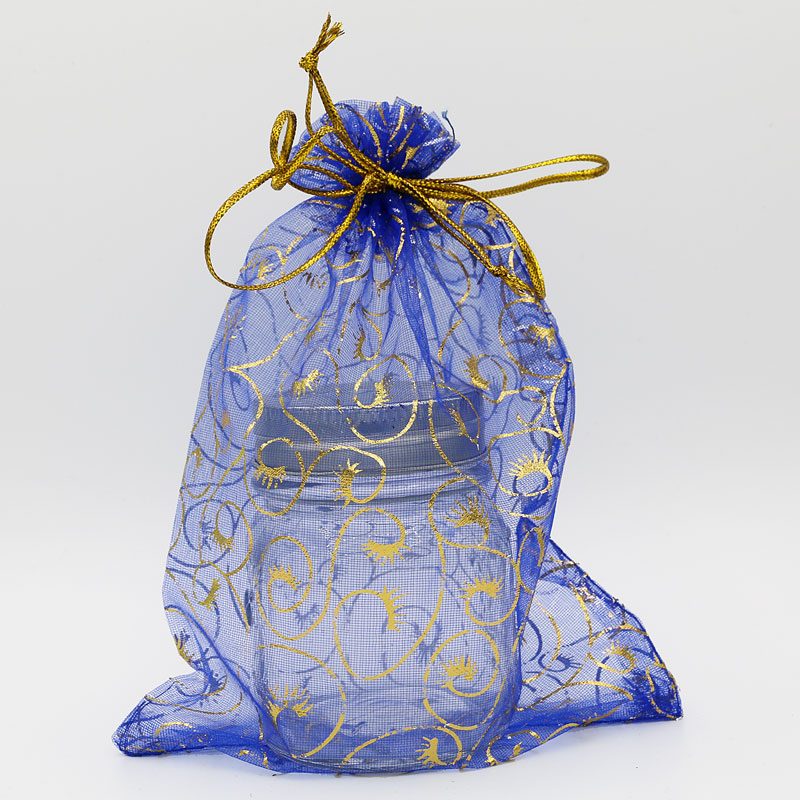 Blauwe organza zakjes met gouden krullen