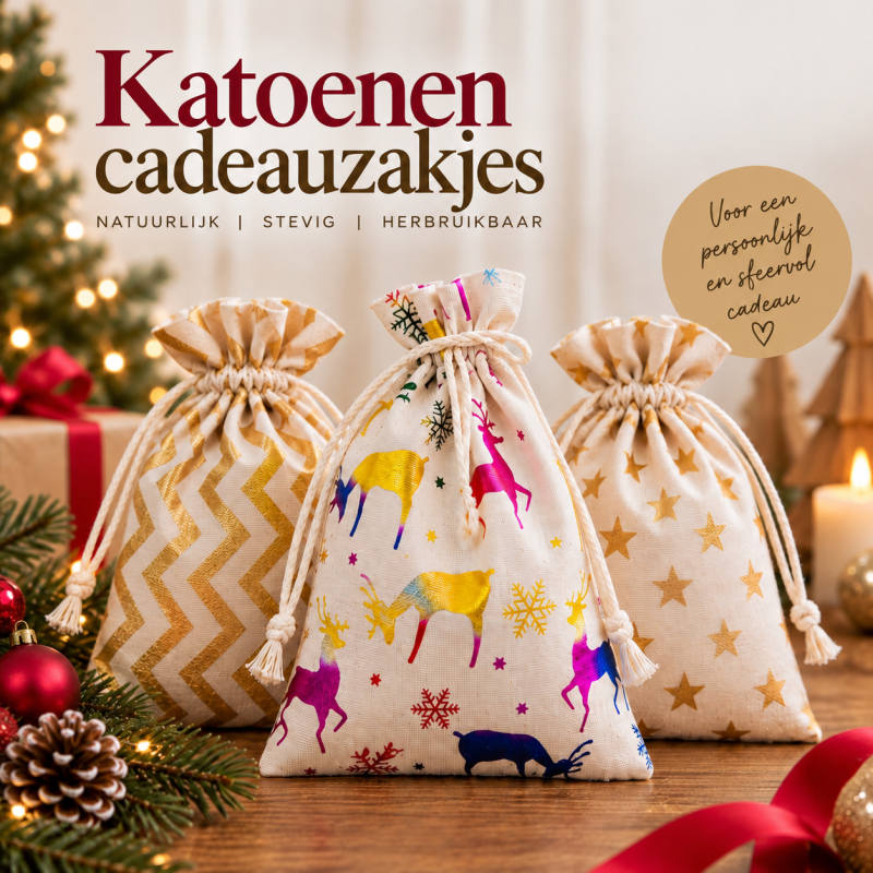 Katoenen kerstzakjes met feestelijke kerstprints als cadeauverpakking